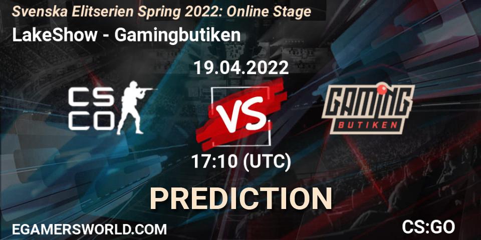 LakeShow vs Gamingbutiken: Match Prediction. 19.04.2022 at 17:10, Counter-Strike (CS2), Svenska Elitserien Spring 2022: Online Stage