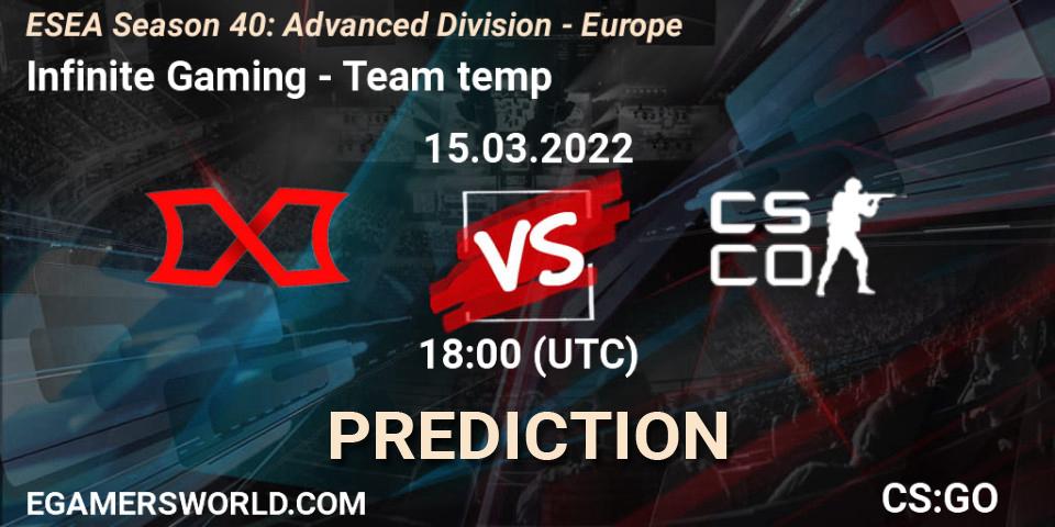 Infinite Gaming vs Team temp: Match Prediction. 15.03.2022 at 18:00, Counter-Strike (CS2), ESEA Season 40: Advanced Division - Europe