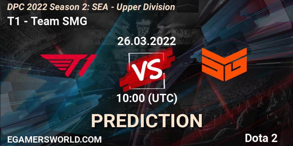 T1 vs Team SMG: Match Prediction. 26.03.2022 at 10:24, Dota 2, DPC 2021/2022 Tour 2 (Season 2): SEA Division I (Upper)