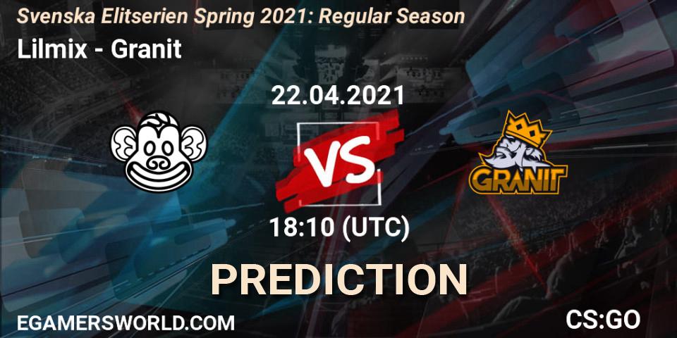 Lilmix vs Granit: Match Prediction. 22.04.2021 at 18:10, Counter-Strike (CS2), Svenska Elitserien Spring 2021: Regular Season