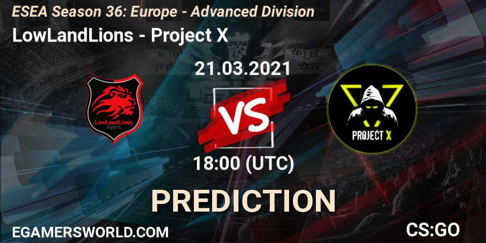 LowLandLions vs Project X: Match Prediction. 21.03.2021 at 18:00, Counter-Strike (CS2), ESEA Season 36: Europe - Advanced Division
