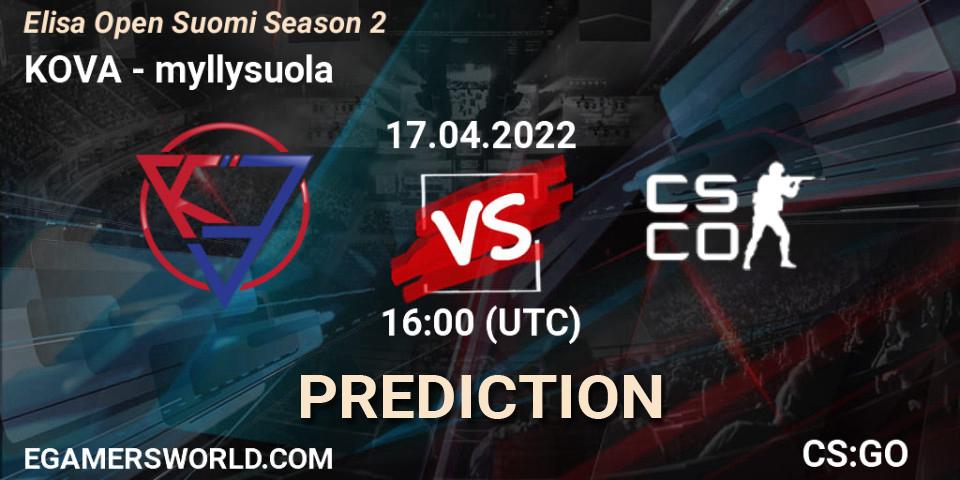 KOVA vs myllysuola: Match Prediction. 17.04.2022 at 16:00, Counter-Strike (CS2), Elisa Open Suomi Season 2