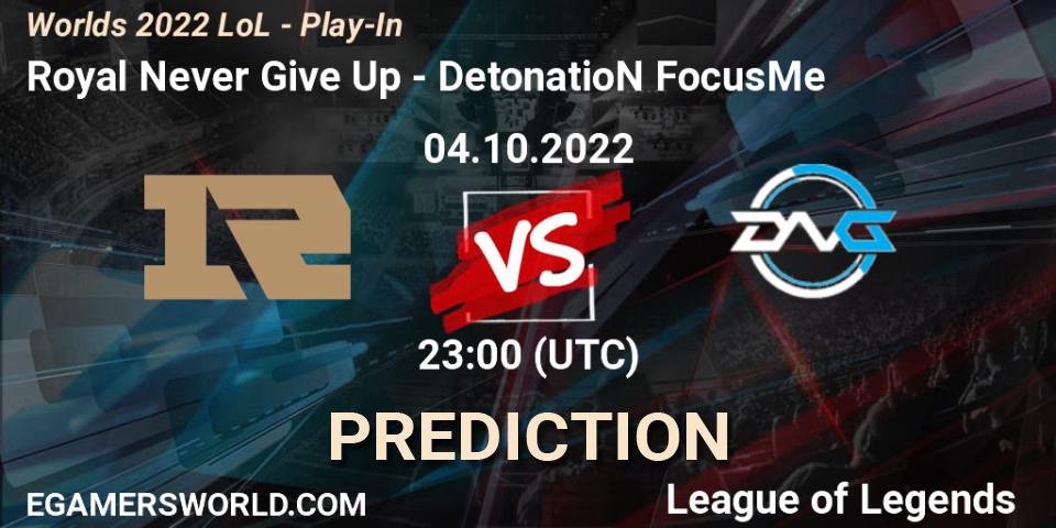Royal Never Give Up vs DetonatioN FocusMe: Match Prediction. 04.10.22, LoL, Worlds 2022 LoL - Play-In