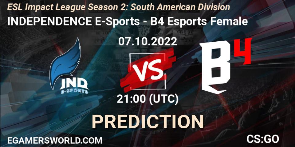 INDEPENDENCE E-Sports vs B4 Esports Female: Match Prediction. 07.10.2022 at 21:00, Counter-Strike (CS2), ESL Impact League Season 2: South American Division