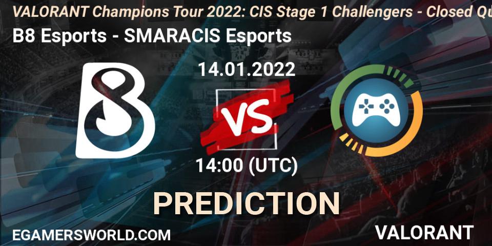 B8 Esports vs SMARACIS Esports: Match Prediction. 14.01.2022 at 14:00, VALORANT, VCT 2022: CIS Stage 1 Challengers - Closed Qualifier 1