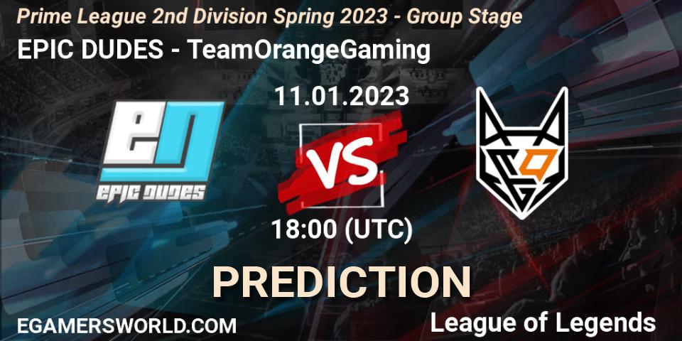 EPIC DUDES vs TeamOrangeGaming: Match Prediction. 11.01.2023 at 18:00, LoL, Prime League 2nd Division Spring 2023 - Group Stage
