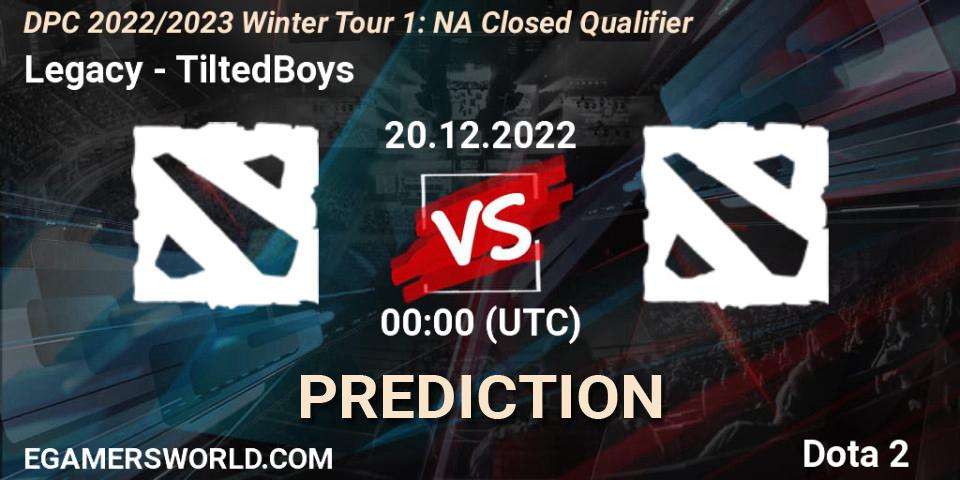 Legacy遗 vs TiltedBoys: Match Prediction. 19.12.2022 at 23:23, Dota 2, DPC 2022/2023 Winter Tour 1: NA Closed Qualifier