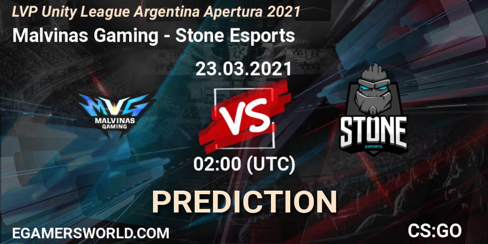 Malvinas Gaming vs Stone Esports: Match Prediction. 23.03.2021 at 02:00, Counter-Strike (CS2), LVP Unity League Argentina Apertura 2021