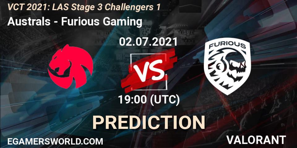 Australs vs Furious Gaming: Match Prediction. 02.07.2021 at 19:00, VALORANT, VCT 2021: LAS Stage 3 Challengers 1