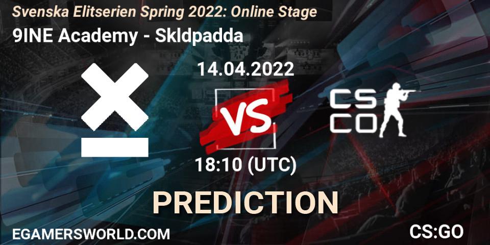 9INE Academy vs Sköldpadda: Match Prediction. 14.04.2022 at 18:10, Counter-Strike (CS2), Svenska Elitserien Spring 2022: Online Stage