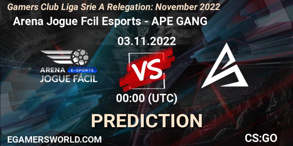  Arena Jogue Fácil Esports vs APE GANG: Match Prediction. 03.11.2022 at 00:00, Counter-Strike (CS2), Gamers Club Liga Série A Relegation: November 2022