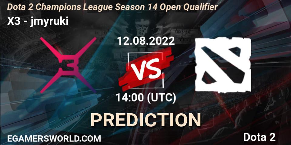 X3 vs jmyruki: Match Prediction. 12.08.2022 at 13:00, Dota 2, Dota 2 Champions League Season 14 Open Qualifier