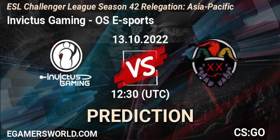 Invictus Gaming vs OS E-sports: Match Prediction. 13.10.2022 at 12:30, Counter-Strike (CS2), ESL Challenger League Season 42 Relegation: Asia-Pacific