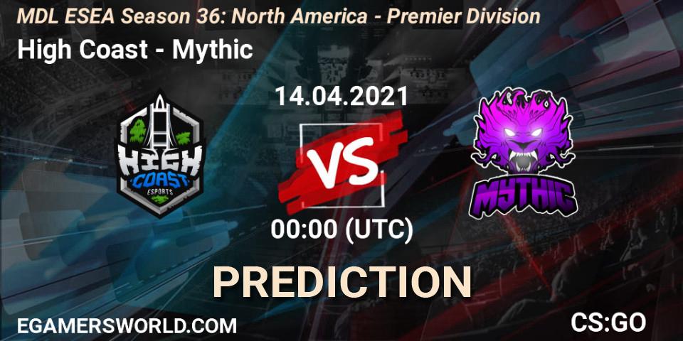 High Coast vs Mythic: Match Prediction. 14.04.2021 at 00:00, Counter-Strike (CS2), MDL ESEA Season 36: North America - Premier Division