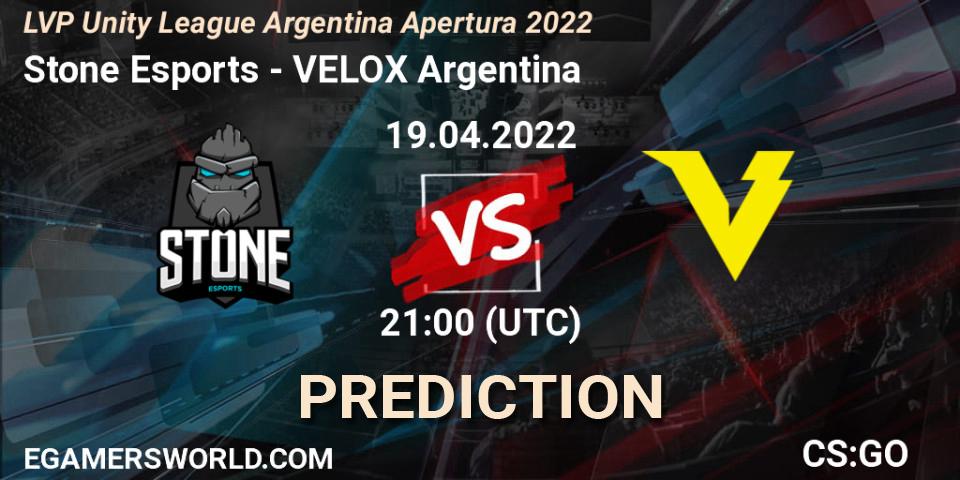 Stone Esports vs VELOX Argentina: Match Prediction. 03.05.2022 at 21:00, Counter-Strike (CS2), LVP Unity League Argentina Apertura 2022