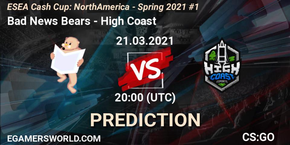 Bad News Bears vs High Coast: Match Prediction. 21.03.2021 at 20:00, Counter-Strike (CS2), ESEA Cash Cup: North America - Spring 2021 #1