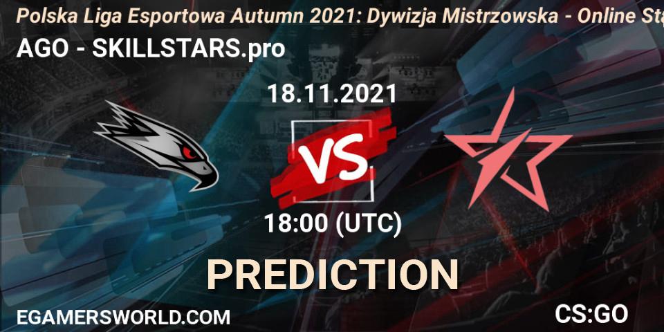 AGO vs SKILLSTARS.pro: Match Prediction. 18.11.2021 at 18:00, Counter-Strike (CS2), Polska Liga Esportowa Autumn 2021: Dywizja Mistrzowska - Online Stage