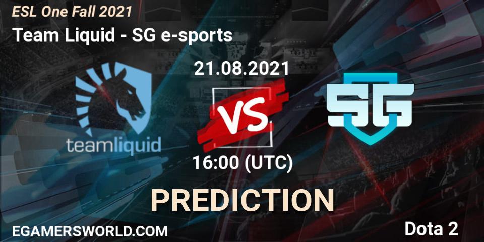 Team Liquid vs SG e-sports: Match Prediction. 21.08.2021 at 15:55, Dota 2, ESL One Fall 2021