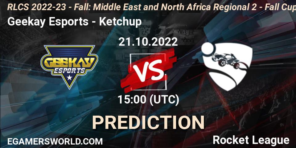 Geekay Esports vs Ketchup: Match Prediction. 21.10.2022 at 15:00, Rocket League, RLCS 2022-23 - Fall: Middle East and North Africa Regional 2 - Fall Cup