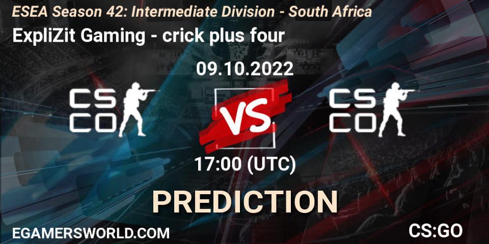ExpliZit Gaming vs crick plus four: Match Prediction. 09.10.2022 at 17:00, Counter-Strike (CS2), ESEA Season 42: Intermediate Division - South Africa