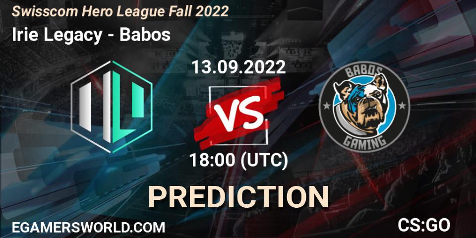 Irie Legacy vs Babos: Match Prediction. 13.09.2022 at 18:00, Counter-Strike (CS2), Swisscom Hero League Fall 2022