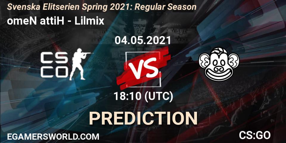 omeN attiH vs Lilmix: Match Prediction. 04.05.2021 at 18:10, Counter-Strike (CS2), Svenska Elitserien Spring 2021: Regular Season