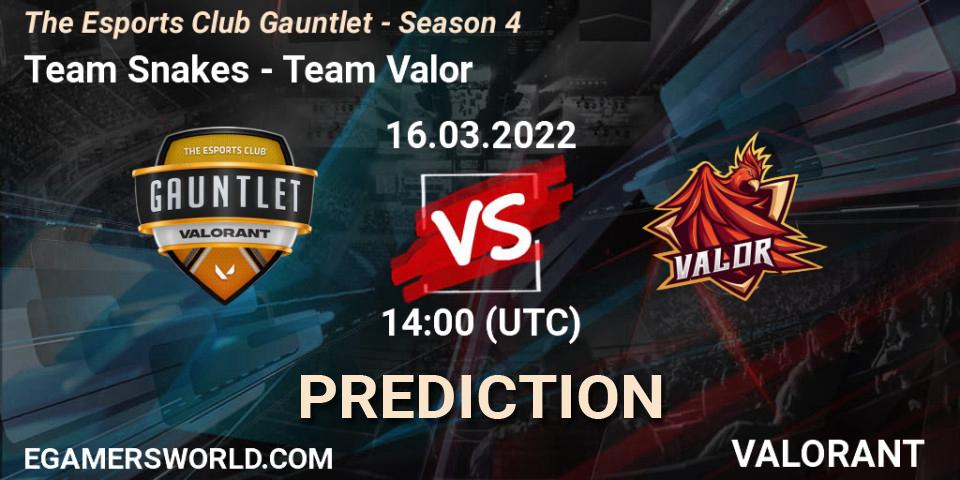 Team Snakes vs Team Valor: Match Prediction. 18.03.2022 at 14:00, VALORANT, The Esports Club Gauntlet - Season 4