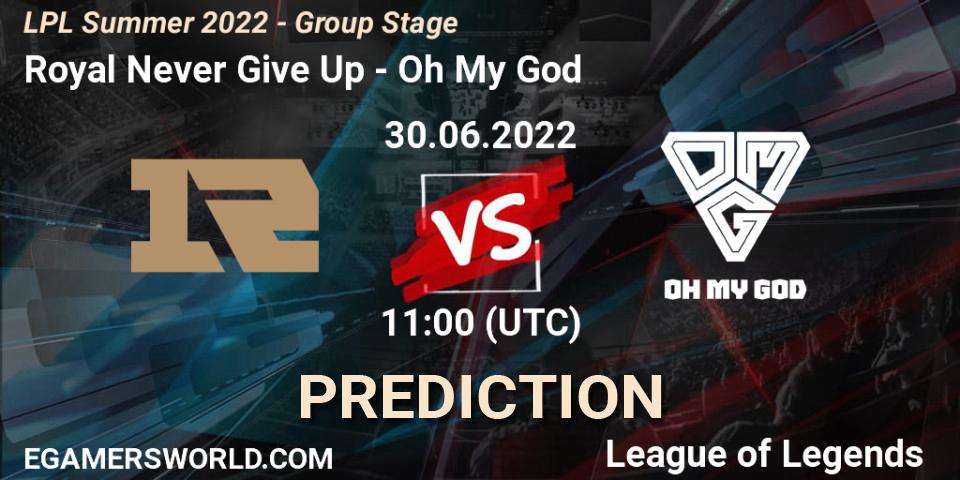 Royal Never Give Up vs Oh My God: Match Prediction. 30.06.2022 at 11:40, LoL, LPL Summer 2022 - Group Stage
