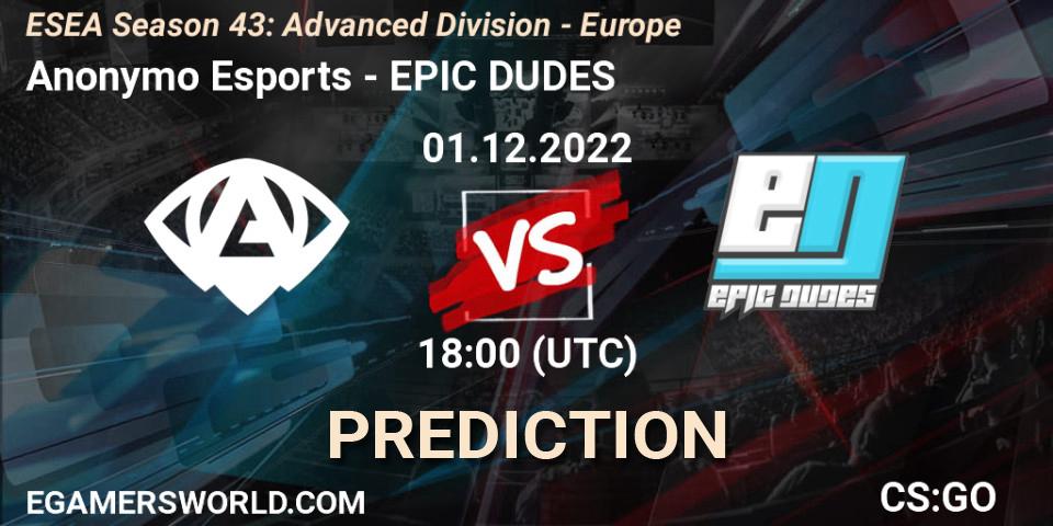 Anonymo Esports vs EPIC DUDES: Match Prediction. 01.12.22, CS2 (CS:GO), ESEA Season 43: Advanced Division - Europe