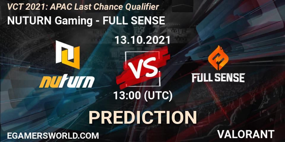 NUTURN Gaming vs FULL SENSE: Match Prediction. 13.10.2021 at 12:00, VALORANT, VCT 2021: APAC Last Chance Qualifier