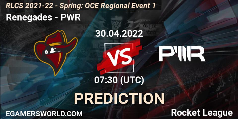 Renegades vs PWR: Match Prediction. 30.04.2022 at 07:30, Rocket League, RLCS 2021-22 - Spring: OCE Regional Event 1