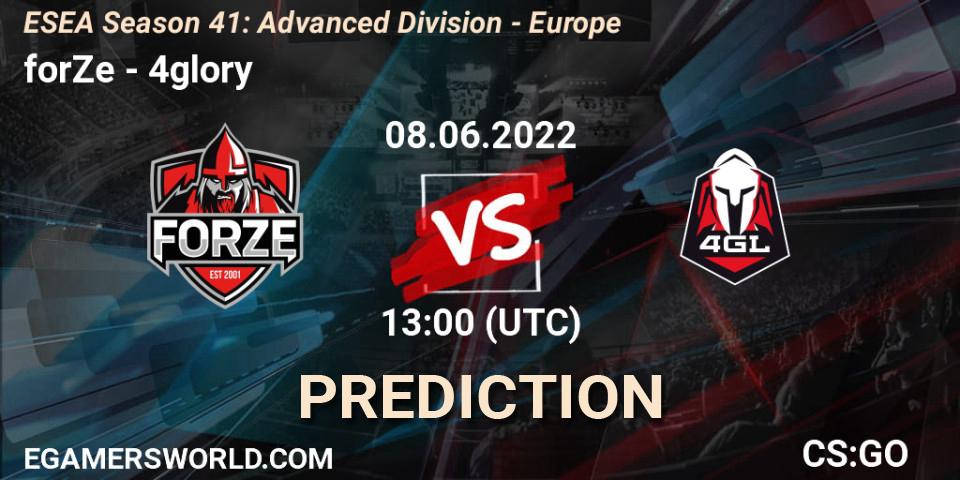 forZe vs 4glory: Match Prediction. 08.06.2022 at 13:00, Counter-Strike (CS2), ESEA Season 41: Advanced Division - Europe