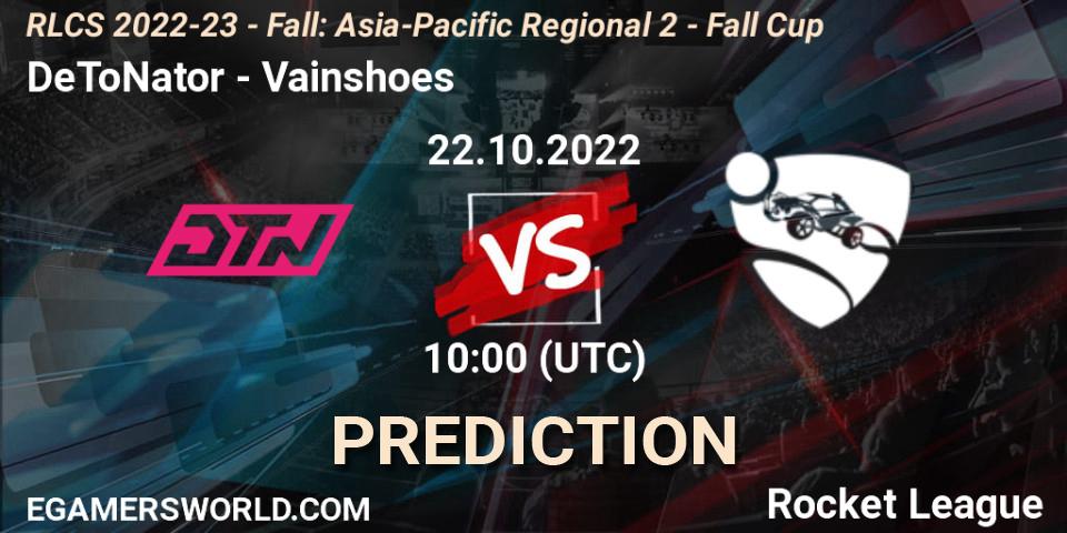 DeToNator vs Vainshoes: Match Prediction. 22.10.2022 at 10:00, Rocket League, RLCS 2022-23 - Fall: Asia-Pacific Regional 2 - Fall Cup