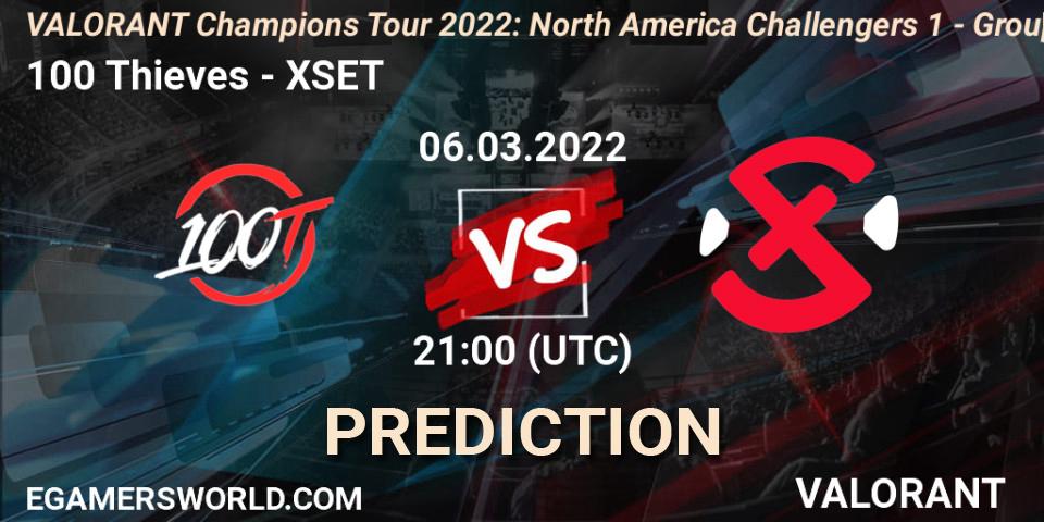 100 Thieves vs XSET: Match Prediction. 06.03.2022 at 21:15, VALORANT, VCT 2022: North America Challengers 1 - Group Stage