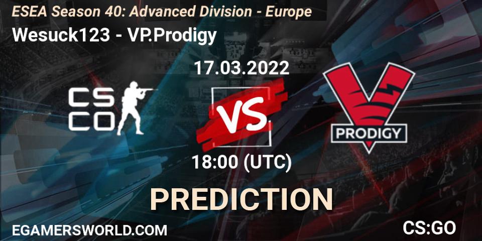 Wesuck123 vs VP.Prodigy: Match Prediction. 17.03.2022 at 18:00, Counter-Strike (CS2), ESEA Season 40: Advanced Division - Europe