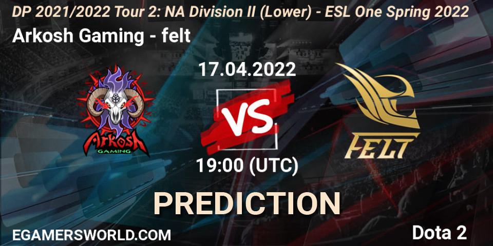 Arkosh Gaming vs felt: Match Prediction. 17.04.2022 at 18:58, Dota 2, DP 2021/2022 Tour 2: NA Division II (Lower) - ESL One Spring 2022