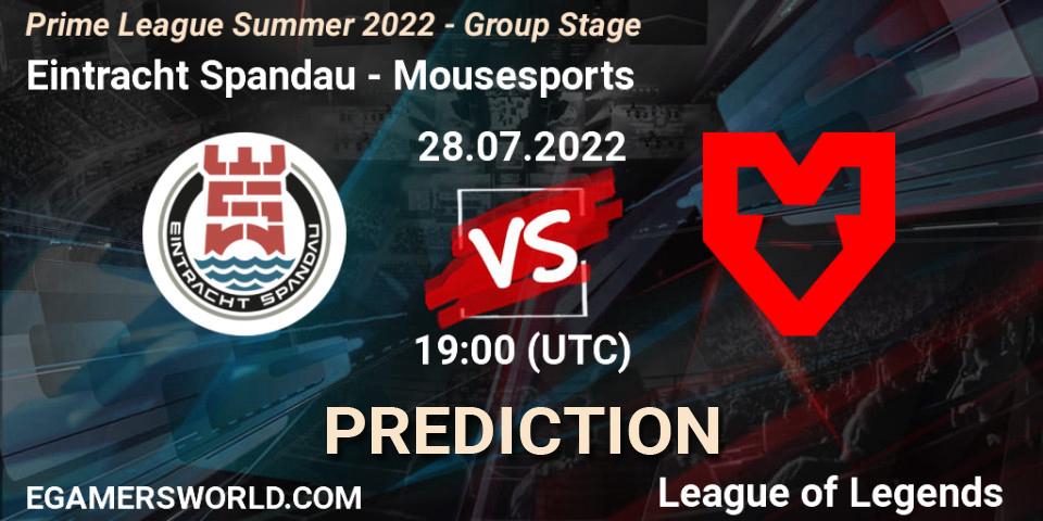 Eintracht Spandau vs Mousesports: Match Prediction. 28.07.2022 at 19:00, LoL, Prime League Summer 2022 - Group Stage