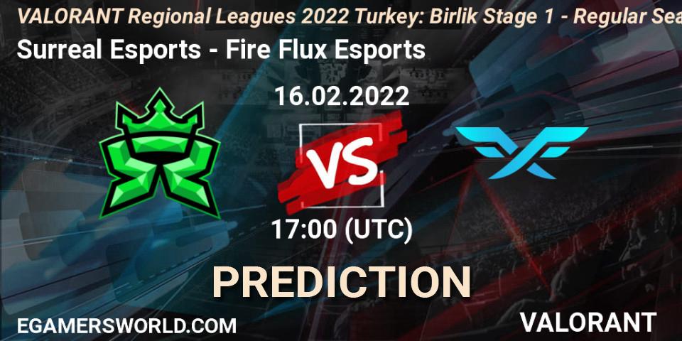 Surreal Esports vs Fire Flux Esports: Match Prediction. 16.02.2022 at 17:15, VALORANT, VALORANT Regional Leagues 2022 Turkey: Birlik Stage 1 - Regular Season