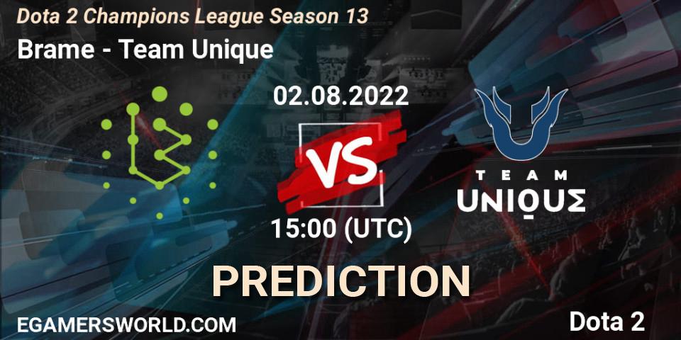 Brame vs Team Unique: Match Prediction. 02.08.2022 at 15:18, Dota 2, Dota 2 Champions League Season 13