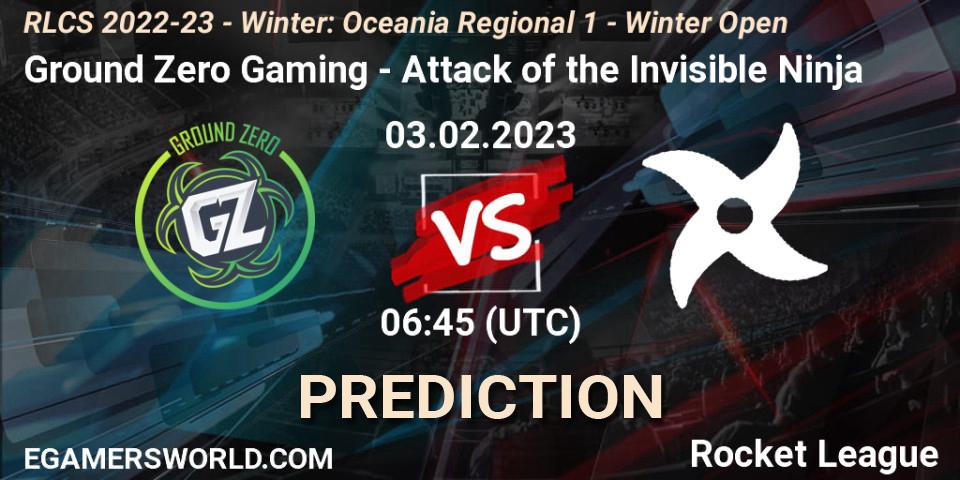 Ground Zero Gaming vs Attack of the Invisible Ninja: Match Prediction. 03.02.2023 at 06:45, Rocket League, RLCS 2022-23 - Winter: Oceania Regional 1 - Winter Open