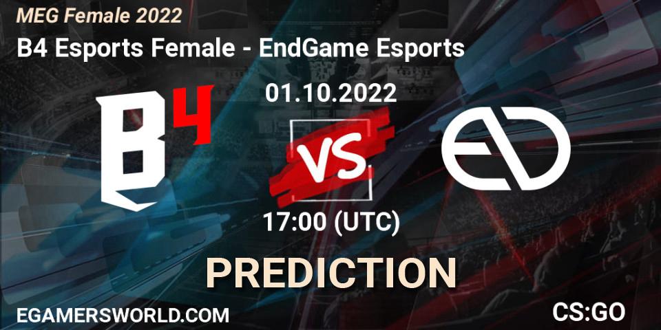 B4 Esports Female vs EndGame Esports: Match Prediction. 01.10.2022 at 17:30, Counter-Strike (CS2), MEG Female 2022