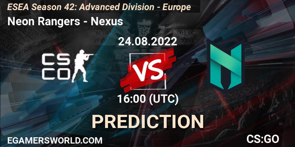 Neon Rangers vs Nexus: Match Prediction. 24.08.2022 at 16:00, Counter-Strike (CS2), ESEA Season 42: Advanced Division - Europe
