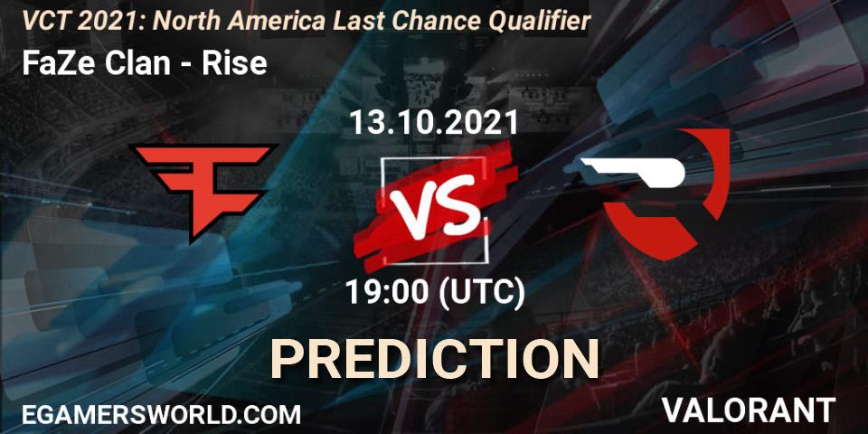 FaZe Clan vs Rise: Match Prediction. 27.10.2021 at 19:00, VALORANT, VCT 2021: North America Last Chance Qualifier