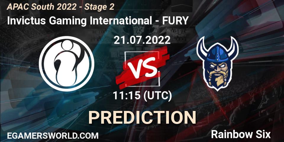 Invictus Gaming International vs FURY: Match Prediction. 21.07.2022 at 11:15, Rainbow Six, APAC South 2022 - Stage 2