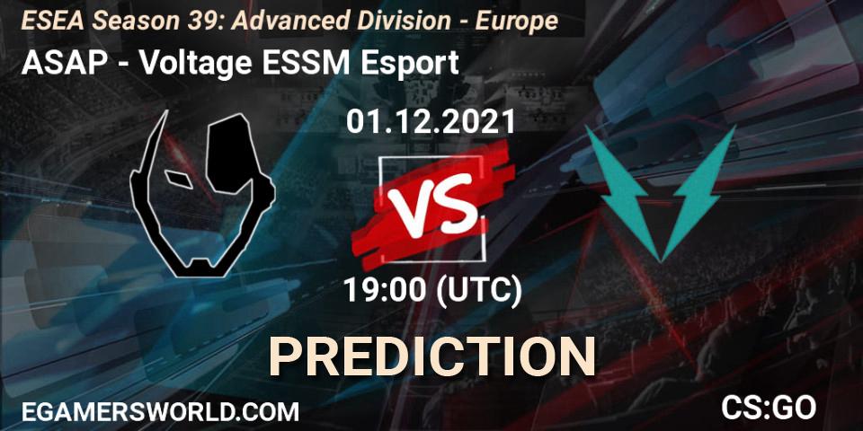 ASAP vs Voltage ESSM Esport: Match Prediction. 01.12.2021 at 19:00, Counter-Strike (CS2), ESEA Season 39: Advanced Division - Europe