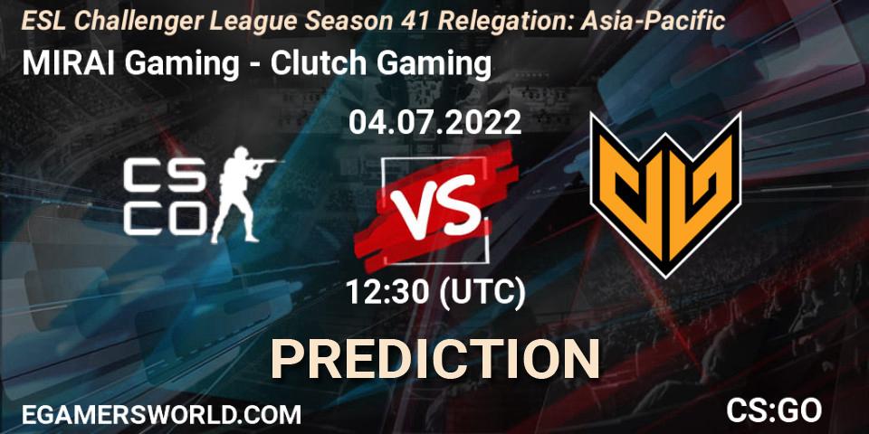 MIRAI Gaming vs Clutch Gaming: Match Prediction. 04.07.2022 at 12:30, Counter-Strike (CS2), ESL Challenger League Season 41 Relegation: Asia-Pacific