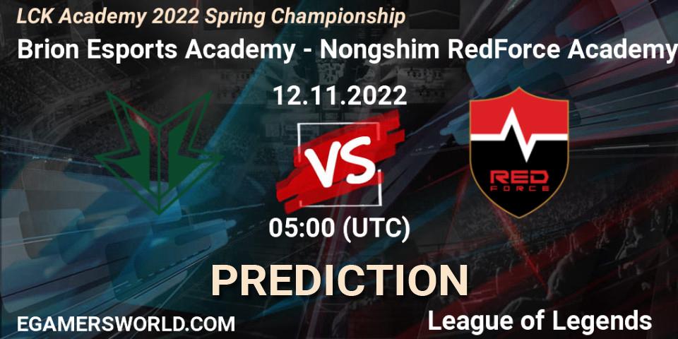 Brion Esports Academy vs Nongshim RedForce Academy: Match Prediction. 12.11.2022 at 05:00, LoL, LCK Academy 2022 Spring Championship