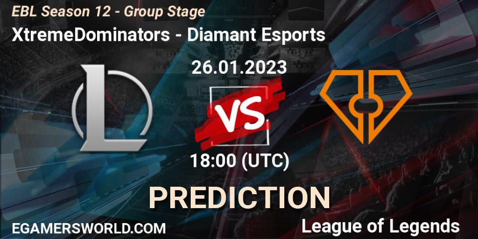 XtremeDominators vs Diamant Esports: Match Prediction. 26.01.2023 at 18:00, LoL, EBL Season 12 - Group Stage