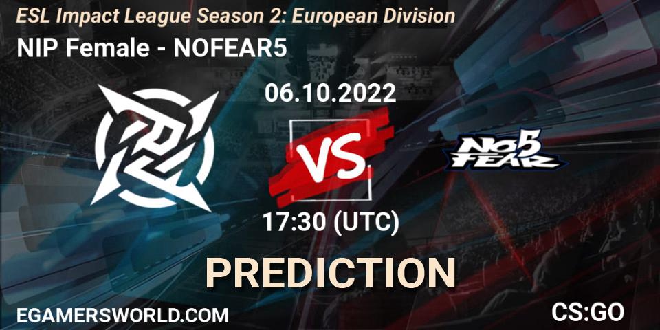 NIP Female vs NOFEAR5: Match Prediction. 06.10.2022 at 17:30, Counter-Strike (CS2), ESL Impact League Season 2: European Division