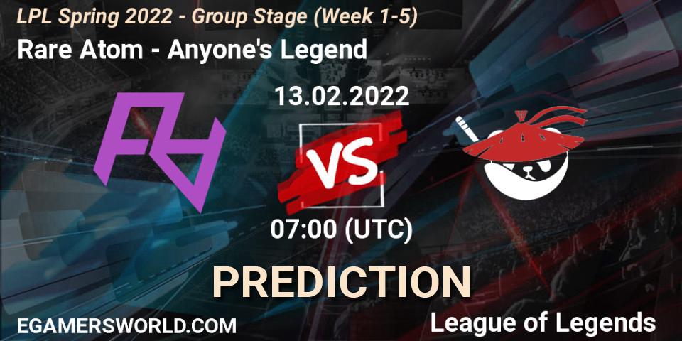 Rare Atom vs Anyone's Legend: Match Prediction. 13.02.2022 at 07:00, LoL, LPL Spring 2022 - Group Stage (Week 1-5)